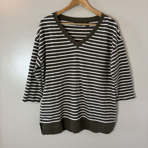 Lands End Womens Thermal Shirt Green White Stripe 3/4 Sleeve Pullover Top Large - Picture 1 of 9